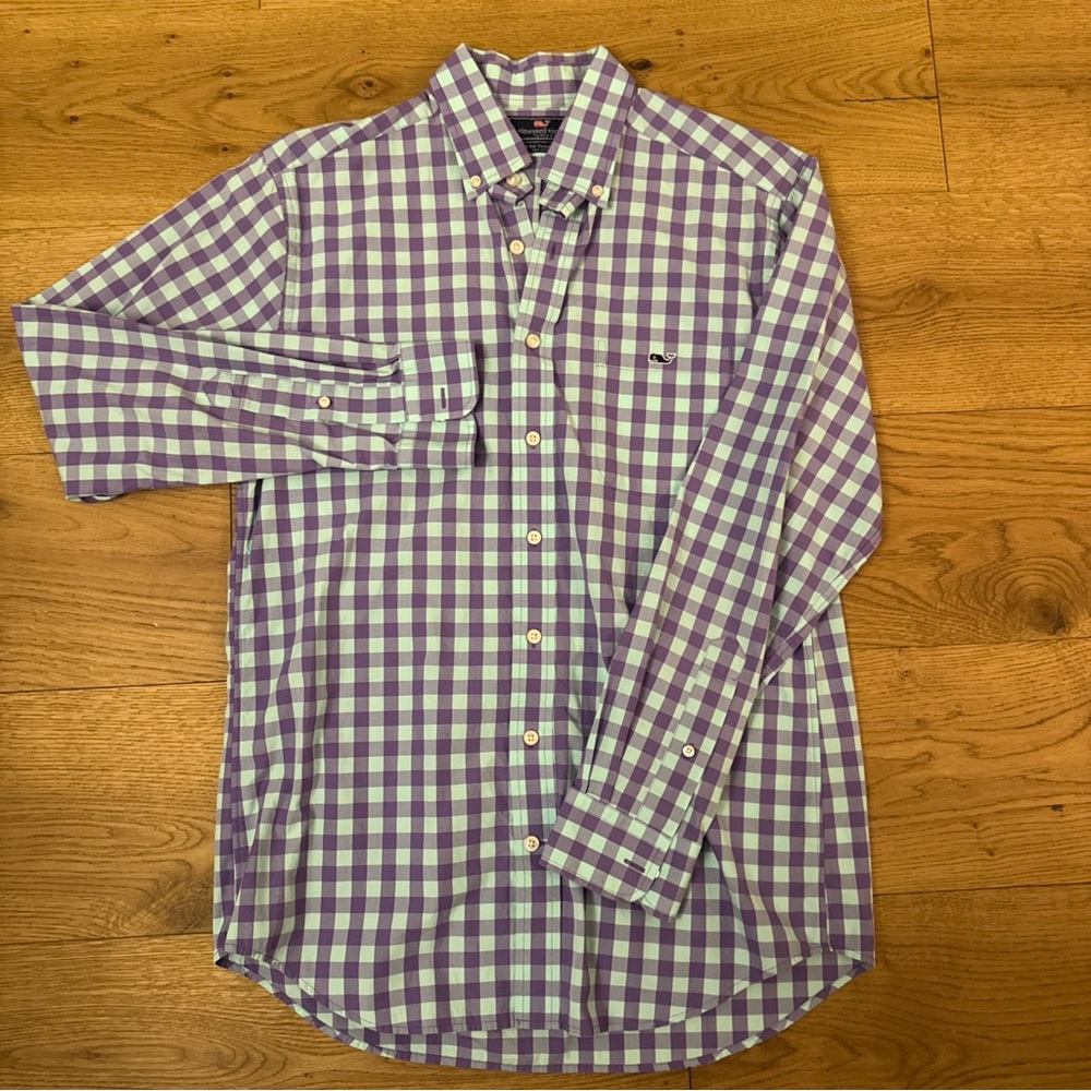 Vineyard Vines Whale Shirt Men’s Medium Button Down Slim Fit Plaid Blue Purple
